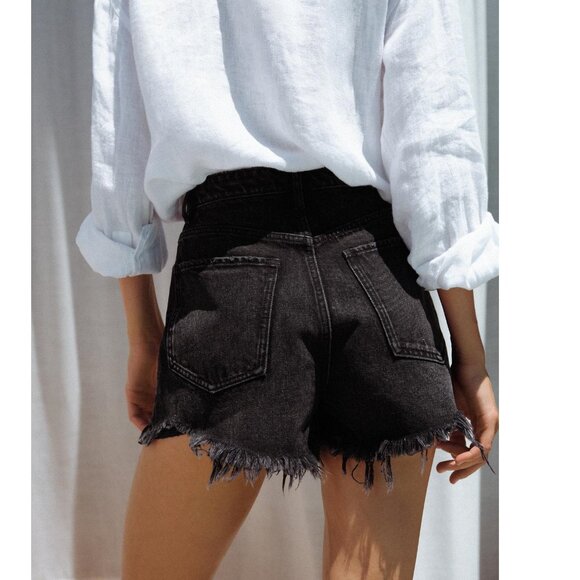NEW ZARA Size 27 / 4 HIGH WAIST RISE RIPPED FRAYED TRF DENIM SHORTS Black - Picture 2 of 8